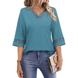 image:imageWIHOLL Womens Tops Eyelet Lace V Neck 34 Bell Sleeve Blouses Dressy Casual Work Shirt 2026 Summer Fall Fashion Clothing03turquoise