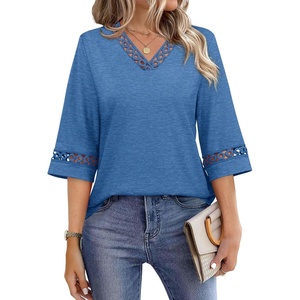 image:imageWIHOLL Womens Tops Eyelet Lace V Neck 34 Bell Sleeve Blouses Dressy Casual Work Shirt 2026 Summer Fall Fashion ClothingBlue