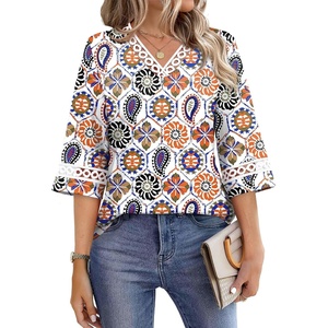 image:imageWIHOLL Womens Tops Eyelet Lace V Neck 34 Bell Sleeve Blouses Dressy Casual Work Shirt 2026 Summer Fall Fashion ClothingBohopaisley