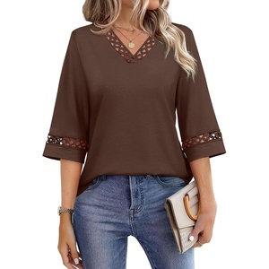 image:imageWIHOLL Womens Tops Eyelet Lace V Neck 34 Bell Sleeve Blouses Dressy Casual Work Shirt 2026 Summer Fall Fashion ClothingBrown
