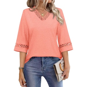 image:imageWIHOLL Womens Tops Eyelet Lace V Neck 34 Bell Sleeve Blouses Dressy Casual Work Shirt 2026 Summer Fall Fashion ClothingCoral
