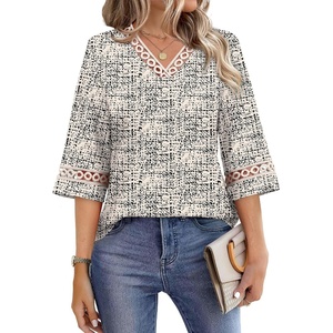 image:imageWIHOLL Womens Tops Eyelet Lace V Neck 34 Bell Sleeve Blouses Dressy Casual Work Shirt 2026 Summer Fall Fashion ClothingCream Houndstooth