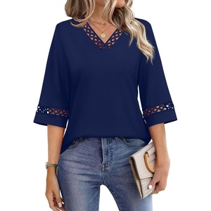 image:imageWIHOLL Womens Tops Eyelet Lace V Neck 34 Bell Sleeve Blouses Dressy Casual Work Shirt 2026 Summer Fall Fashion ClothingNavy Blue