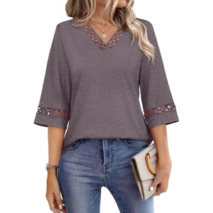 image:imageWIHOLL Womens Tops Eyelet Lace V Neck 34 Bell Sleeve Blouses Dressy Casual Work Shirt 2026 Summer Fall Fashion ClothingPurple Grey