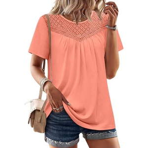 image:imageWIHOLL Womens Tops Short Sleeve Lace Shirts Summer Spring Tops Boho Trendy Beach Vacation Clothes Loose FitCoral