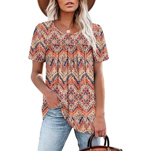 image:imageWIHOLL Womens Tops Short Sleeve T Shirts Pleated Dressy Casual Round Neck Summer Clothes Outfits Blouses Loose FitBohemia Print