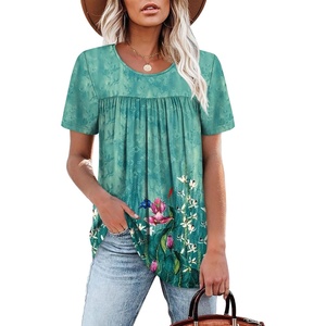 image:imageWIHOLL Womens Tops Short Sleeve T Shirts Pleated Dressy Casual Round Neck Summer Clothes Outfits Blouses Loose FitGreen Print