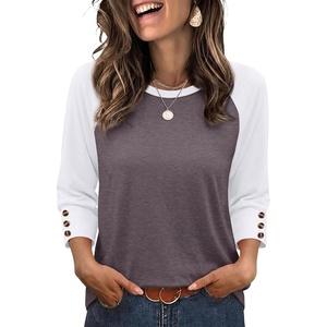 image:imageWIHOLL Womens Tops Summer 34 Sleeve with Buttons Dressy Casual Blouses Color Block Raglan Outfits Fashion Clothing 2026Mocha Grey Purple