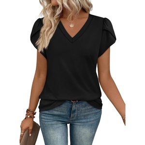 image:imageWIHOLL Womens Tops V Neck Summer Petal Sleeve Casual TshirtsBlack