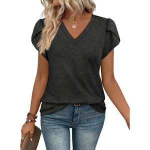 image:imageWIHOLL Womens Tops V Neck Summer Petal Sleeve Casual TshirtsDeepgrey