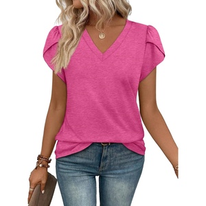 image:imageWIHOLL Womens Tops V Neck Summer Petal Sleeve Casual TshirtsDeeppink