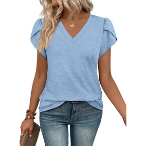 image:imageWIHOLL Womens Tops V Neck Summer Petal Sleeve Casual TshirtsSkyblue