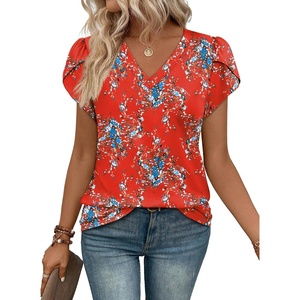 image:imageWIHOLL Womens Tops V Neck Summer Petal Sleeve Casual TshirtsZ2floral Red