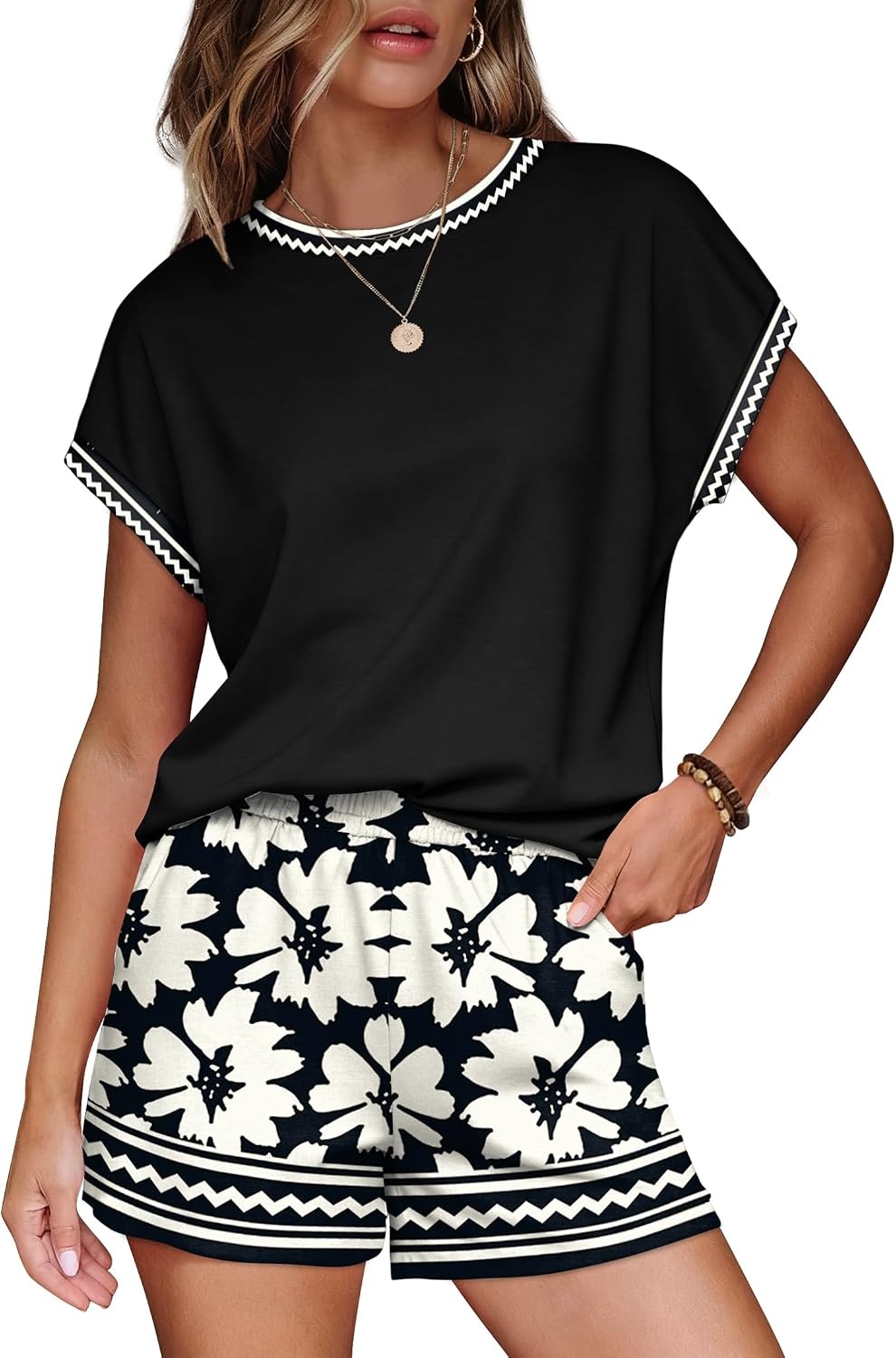 image:imageWIHOLL Two Piece Sets for Women Summer Lounge Short Sets Cap Sleeve Crew Neck Sweatsuit with Pocket XS2XL09vintage Floral