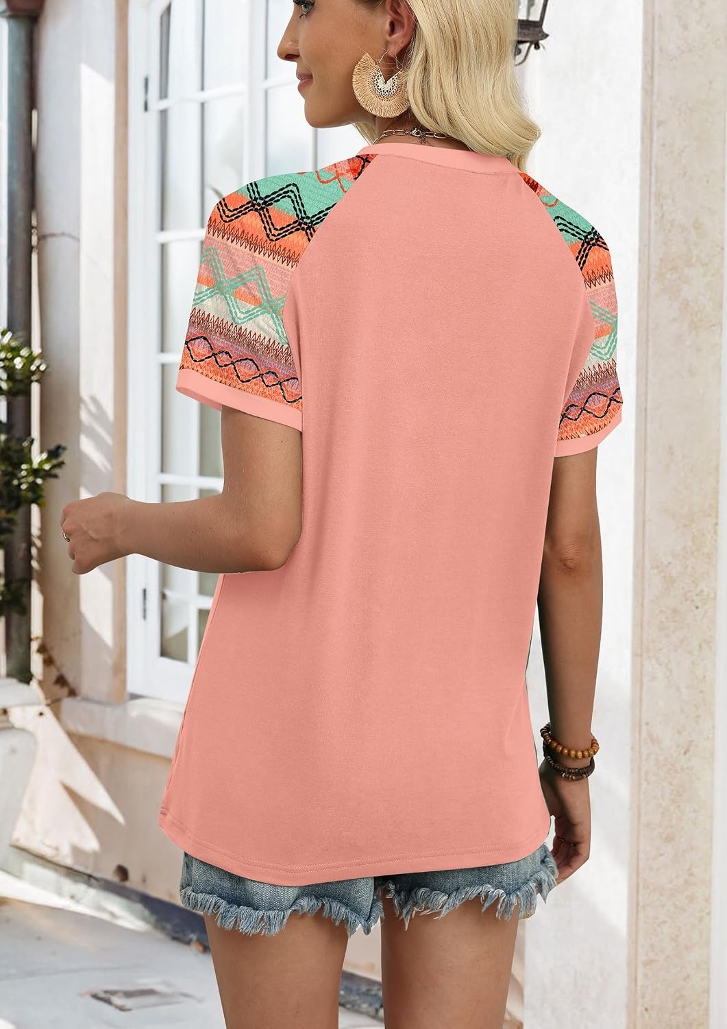 image:imageWIHOLL Womens Summer Tops Color Block Short Sleeve Raglan Shirts Spring Fashion Clothes Vacation OutfitsCoral