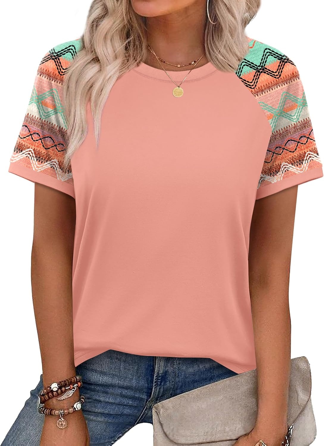 image:imageWIHOLL Womens Summer Tops Color Block Short Sleeve Raglan Shirts Spring Fashion Clothes Vacation OutfitsCoral