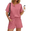 image:imageWIHOLL 2 Piece Sets for Women Lounge Sets Summer Outfits 2026 Button Down Short Sleeve Tops and Shorts Set with Pockets2pink