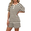 image:imageWIHOLL 2 Piece Sets for Women Lounge Sets Summer Outfits 2026 Button Down Short Sleeve Tops and Shorts Set with Pockets3black and White Stripes