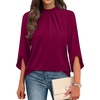 image:imageWIHOLL 34 Length Sleeve Womens Tops Mock Neck Pleated Front Blouses for Women Dressy Casual Spring Summer OutfitsPurple Red