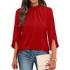 image:imageWIHOLL 34 Length Sleeve Womens Tops Mock Neck Pleated Front Blouses for Women Dressy Casual Spring Summer OutfitsRed