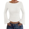 image:imageWIHOLL Bell Sleeve Tops for Women Boat Neck Ruched Ribbed Long Sleeve Fall Shirts for Women 2026All White