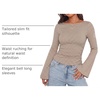image:imageWIHOLL Bell Sleeve Tops for Women Boat Neck Ruched Ribbed Long Sleeve Fall Shirts for Women 2026Brown Plaid