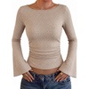 image:imageWIHOLL Bell Sleeve Tops for Women Boat Neck Ruched Ribbed Long Sleeve Fall Shirts for Women 2026Brown Plaid