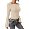 image:imageWIHOLL Bell Sleeve Tops for Women Boat Neck Ruched Ribbed Long Sleeve Fall Shirts for Women 2026Color Block Apricot