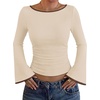 image:imageWIHOLL Bell Sleeve Tops for Women Boat Neck Ruched Ribbed Long Sleeve Fall Shirts for Women 2026Color Block Apricot