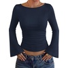 image:imageWIHOLL Bell Sleeve Tops for Women Boat Neck Ruched Ribbed Long Sleeve Fall Shirts for Women 2026Navy Blue