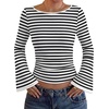 image:imageWIHOLL Bell Sleeve Tops for Women Boat Neck Ruched Ribbed Long Sleeve Fall Shirts for Women 2026Striped Black and White