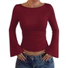 image:imageWIHOLL Bell Sleeve Tops for Women Boat Neck Ruched Ribbed Long Sleeve Fall Shirts for Women 2026Wine Red