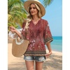 image:imageWIHOLL Boho Tops for Women Summer Spring 34 Sleeve Dressy Fashion V Neck Casual 2026 Business Beach Plus Size Resort BlousesFlower Red