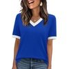 image:imageWIHOLL Short Sleeve Sweater for Women V Neck Spring Summer Tops 2026 Work Business Casual Outfits Trendy ClothesColor Block Blue