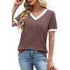 image:imageWIHOLL Short Sleeve Sweater for Women V Neck Spring Summer Tops 2026 Work Business Casual Outfits Trendy ClothesColor Block Coffee
