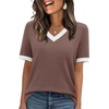 image:imageWIHOLL Short Sleeve Sweater for Women V Neck Spring Summer Tops 2026 Work Business Casual Outfits Trendy ClothesColor Block Coffee