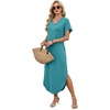 image:imageWIHOLL Summer Dresses for Women Short Sleeve Maxi Dresses V Neck Sundress with Side Slit Pockets Casual Beach DressBlue
