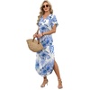 image:imageWIHOLL Summer Dresses for Women Short Sleeve Maxi Dresses V Neck Sundress with Side Slit Pockets Casual Beach DressFloral Blue