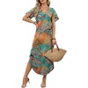 image:imageWIHOLL Summer Dresses for Women Short Sleeve Maxi Dresses V Neck Sundress with Side Slit Pockets Casual Beach DressFloral Coconut Leaves