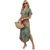 image:imageWIHOLL Summer Dresses for Women Short Sleeve Maxi Dresses V Neck Sundress with Side Slit Pockets Casual Beach DressFloral Coconut Leaves
