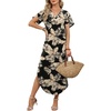 image:imageWIHOLL Summer Dresses for Women Short Sleeve Maxi Dresses V Neck Sundress with Side Slit Pockets Casual Beach DressFloral Tropical Leaves