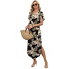 image:imageWIHOLL Summer Dresses for Women Short Sleeve Maxi Dresses V Neck Sundress with Side Slit Pockets Casual Beach DressFloral Tropical Leaves