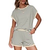 image:imageWIHOLL Two Piece Sets for Women Summer Lounge Short Sets Cap Sleeve Crew Neck Sweatsuit with Pocket XS2XL01beige Black Stripe