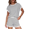 image:imageWIHOLL Two Piece Sets for Women Summer Lounge Short Sets Cap Sleeve Crew Neck Sweatsuit with Pocket XS2XL04white Black Stripe