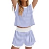 image:imageWIHOLL Two Piece Sets for Women Summer Lounge Short Sets Cap Sleeve Crew Neck Sweatsuit with Pocket XS2XL04white Blue Stripe