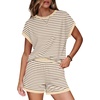 image:imageWIHOLL Two Piece Sets for Women Summer Lounge Short Sets Cap Sleeve Crew Neck Sweatsuit with Pocket XS2XL05beige Brown Stripe