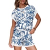 image:imageWIHOLL Two Piece Sets for Women Summer Lounge Short Sets Cap Sleeve Crew Neck Sweatsuit with Pocket XS2XL08floral Blue Ethnic