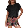 image:imageWIHOLL Two Piece Sets for Women Summer Lounge Short Sets Cap Sleeve Crew Neck Sweatsuit with Pocket XS2XL09black Pink Leaf