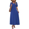 image:imageWIHOLL Womens Maxi Dresses V Neck Vacation Beach Sundresses Floral Travel Summer DressPlain Blue