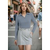 image:imageWIHOLL Womens Polo Shirts Long Sleeve Business Casual Tops Collared V Neck Ribbed Knit Sweater Slim Fit BlousesDusty Blue